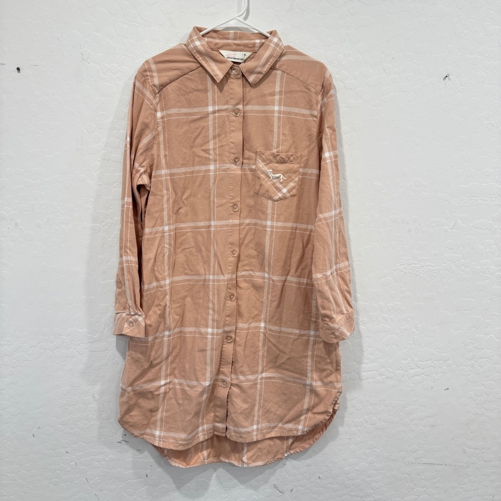 Peter Alexander Plaid Nightshirt Pajamas Womens XL Tan Cotton Embroidered Dog